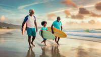senior african american man and nephew kid walk the beach with surfboards at sunrise sky