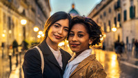 Two women are standing on a street, smiling at the camera, golden sunset, gay romantic lov scene