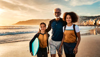 senior african american man and nephew kid walk the beach with surfboards at sunrise sky