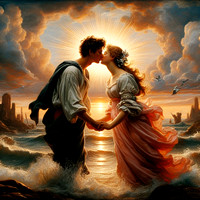 a couple kiss by the sea at sunset dramatic sky oil painting style romantic setting antique style