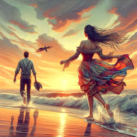 a couple kiss by the sea at sunset dramatic sky oil painting style romantic setting antique style