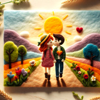 a couple walk and kiss at sunset in romantic setting felt art valentines love