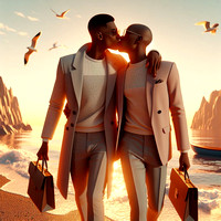 gay couple kiss walk by the sea in the veach at sunset in romantic setting
