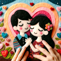 a couple portrait in romantic setting with many heart shaped symbol background felt art valentines love