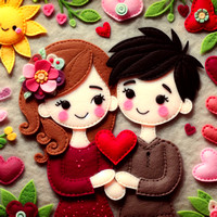 a couple portrait in romantic setting with many heart shaped symbol background felt art valentines love