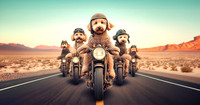 gang of funny cool labradoodles riders wear poncho drive motorbi