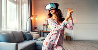 young woman wear pajamas use virtual reality googles play date d