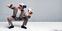 senior caucasian man use virtual reality vr googles play date on