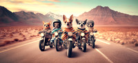 gang of funny cool chihuahuas dog riders wear poncho drive motor