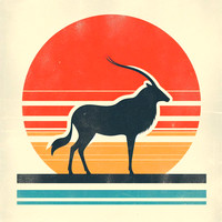 Creature standing boldly in front of vibrant sunset vintage minimalist design illustration, square.