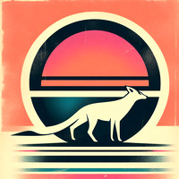A wolf standing boldly in front of a vibrant sunset vintage minimalist design illustration, square.