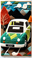 A handmade felt piece depicting electric car, clean energy and whimsical scenario