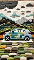 A handmade felt piece depicting electric car, clean energy and whimsical scenario