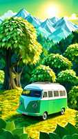 Handmade felt art depict green camper van camp park in three-dimensional whimsical 3d forest