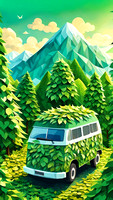 Handmade felt art depict green camper van camp park in three-dimensional whimsical 3d forest