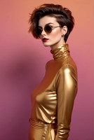 Fashionable punk dark romantic woman in a golden fit bodysuit and sunglasses with a black hairstyle