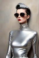 Fashionable punk dark romantic woman in a silver fit bodysuit and sunglasses with a black hairstyle