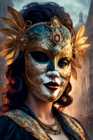 portrait vibrant curvy woman wear carnival mask , antique lace costume in misty venetian cityscape