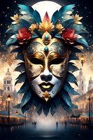 handmade delicate carnival Venetian mask over misty hazy venetian cityscape, mardi grass tradition