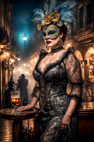 portrait vibrant curvy woman wear carnival mask , antique lace costume in misty venetian cityscape