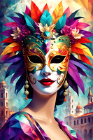 handmade delicate carnival Venetian mask over misty hazy venetian cityscape, mardi grass tradition