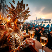 woman in costume and mask drink cocktail in street celebration during venetian carnival mardi gras