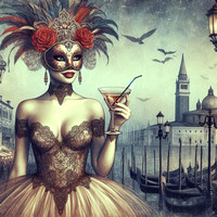 woman in costume and mask drink cocktail in street celebration during venetian carnival mardi gras