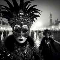 crowd of people wear mask and costume gather in main piazza venice , carnival mardi gras monochrome