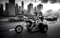 group of hipsters senior and young ride custom vehicles enjoy summer vibe in landmark , monochrome