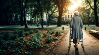 Elderly walker woman with a walking aid on a tranquil park path facing sunrise