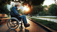 A sad elderly retired man in a wheelchair facing a tranquil traditional skyline dusk