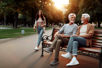 A happy multigenerational and mutli etnic family sitting together on a park bench