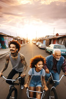 senior man and nephews ride bmx at sunset in the barrio