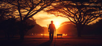 Elderly walker man with a stick walking aid on a tranquil park path facing sunrise