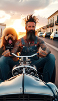mature adult hipster with dog drive custom motorbike at sunset in european small city