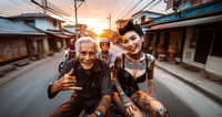 Two senior caucasian man and tattooed pinup asian girl enjoy ride hotrod car, Los Angeles sunset
