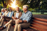 a group of old retired diverse race men sit on a bench in the park relaxing lifestyle