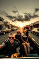 Senior caucasian man and tattooed pinup girl enjoy ride in vintage hotrod car at Los Angeles sunset