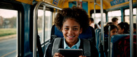 joyful mixed race young girl sit on school bus , with backpack, classmates sitting in the background