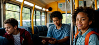 Boy on school bus engages with digital tablet, entertained in the commute,isolate from classmates