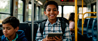 Boy on school bus engages with digital tablet, entertained in the commute,isolate from classmates
