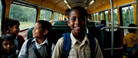 smiling mixed race teen boy travel with backpack sitting on yellow school bus with fellow students