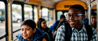 smiling mixed race teen boy travel with backpack sitting on yellow school bus with fellow students